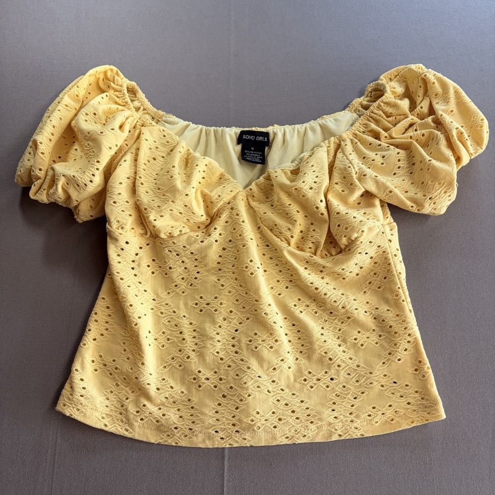 SOHO Girls Yellow Eyelet Puff Sleeve Milkmaid Cottagecore Blouse JT3849 M